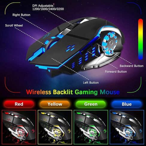 Wireless Gaming Keyboard and Mouse Combo,Rainbow LED Backlit Keyboard with Rechargeable 3800mAh Battery Metal Panel,Removable Wrist Rest Mechanical Feel and 7 Color Mute Gaming Mice for PC PS4 PS5 in Saudi Arabia
