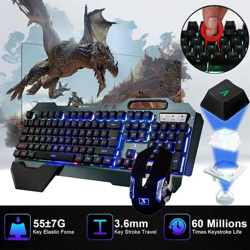 Wireless Gaming Keyboard and Mouse Combo,Rainbow LED Backlit Keyboard with Rechargeable 3800mAh Battery Metal Panel,Removable Wrist Rest Mechanical Feel and 7 Color Mute Gaming Mice for PC PS4 PS5 in Saudi Arabia