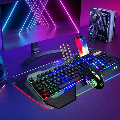 Wireless Gaming Keyboard and Mouse Combo,Rainbow LED Backlit Keyboard with Rechargeable 3800mAh Battery Metal Panel,Removable Wrist Rest Mechanical Feel and 7 Color Mute Gaming Mice for PC PS4 PS5 in Saudi Arabia