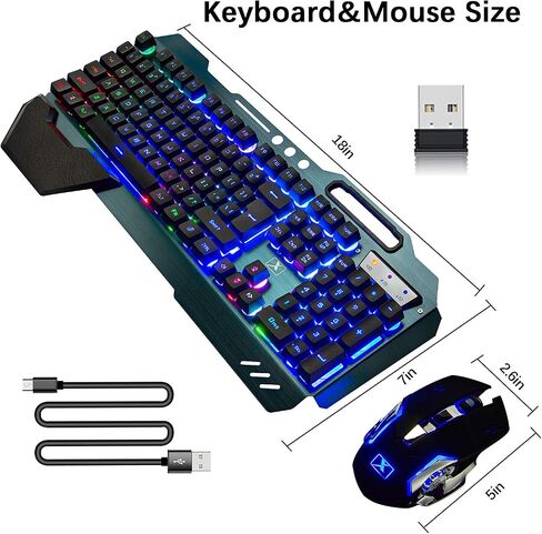Wireless Gaming Keyboard and Mouse Combo,Rainbow LED Backlit Keyboard with Rechargeable 3800mAh Battery Metal Panel,Removable Wrist Rest Mechanical Feel and 7 Color Mute Gaming Mice for PC PS4 PS5 in Saudi Arabia