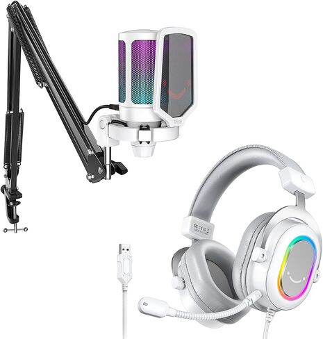 FIFINE Streaming RGB USB Microphone Gaming Headset Bundle, PC Condenser Mic Wired Headset on PS4/PS5, Gamer Kit Plug and Play for Recording, Online Game, Discord, Twitch (A6TW+H6W) in Saudi Arabia