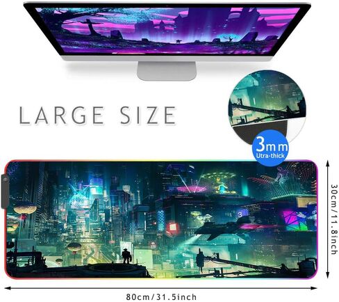 لوحة ماوس Imegny RGB كبيرة الحجم، لوحة ماوس ألعاب LED كبيرة الحجم متوهجة، حصيرة ناعمة ملونة للوحة مفاتيح الكمبيوتر الفئران مع قاعدة مطاطية غير قابلة للانزلاق مقاومة للماء (80x30 rgbgreencity) in Kuwait
