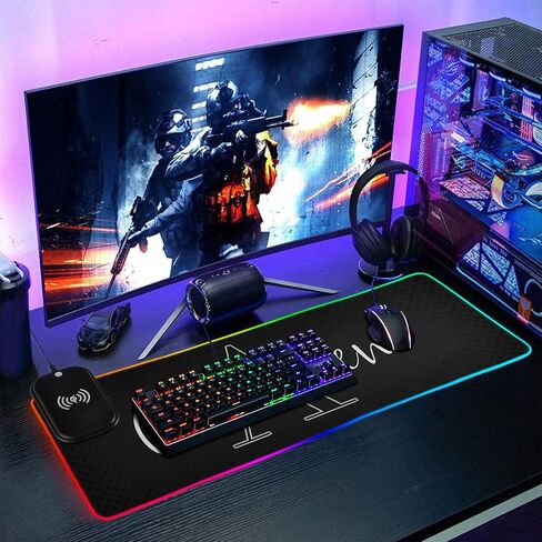 Black Custom Wireless Charging Mouse Pad for Mobile Phone Personalized Extra Large Gaming Mousepad with 13 Lighting Modes Mouse Mat for Office Home Gaming MacBook PC Laptop Desk in Kuwait
