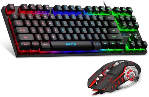 ام اف تي كيه مجموعة كيبورد وماوس العاب RGB بالوان قوس قزح، كيبورد كمبيوتر باضاءة خلفية مدمجة 87 مفتاحا مع ماوس العاب، مجموعة سلكية بمنفذ USB للكمبيوتر واللاب توب in Kuwait