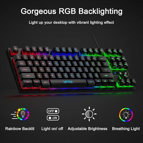 ام اف تي كيه مجموعة كيبورد وماوس العاب RGB بالوان قوس قزح، كيبورد كمبيوتر باضاءة خلفية مدمجة 87 مفتاحا مع ماوس العاب، مجموعة سلكية بمنفذ USB للكمبيوتر واللاب توب in Kuwait