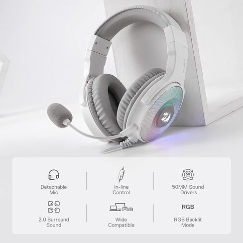 Redragon H350 RGB Wired Gaming Headset, Dynamic RGB Backlight - Stereo Surround-Sound - 50MM Drivers - Detachable Microphone, Over-Ear Headphones Works for PC/PS4/XBOX One/NS in Kuwait