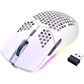 XINMENG ماوس ألعاب لاسلكي خفيف الوزن، تصميم على شكل قرص العسل، 3200 نقطة في البوصة، ماوس ألعاب قابل لإعادة الشحن مع 16 إضاءة خلفية قوس قزح، مستقبل USB، متوافق مع لاعبي الكمبيوتر ومستخدمي Xbox وPS4 in Kuwait