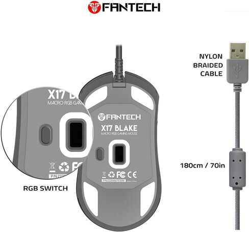 FANTECH Blake X17 ماوس ألعاب سلكي متطور، 16.8 مليون RGB، مستشعر بصري 10000 نقطة في البوصة، 7 أزرار قابلة للبرمجة، للاستخدام باليد اليمنى أو اليسرى، أسود in Kuwait