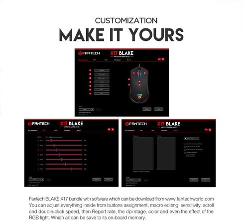 FANTECH Blake X17 ماوس ألعاب سلكي متطور، 16.8 مليون RGB، مستشعر بصري 10000 نقطة في البوصة، 7 أزرار قابلة للبرمجة، للاستخدام باليد اليمنى أو اليسرى، أسود in Kuwait