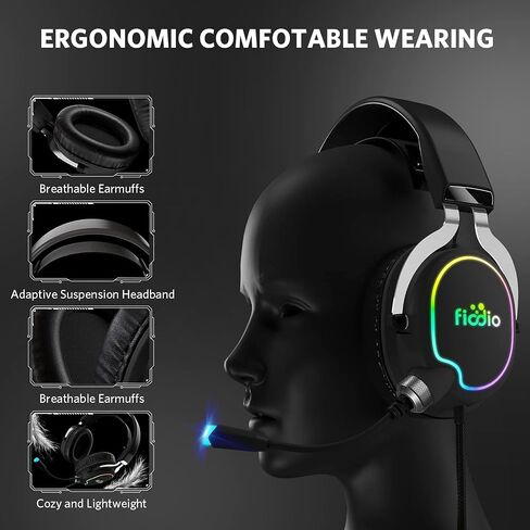 Fiodio Gaming Headset with Surround Sound Stereo for Xbox One PS4 PC Switch Tablet, Noise Cancelling Over Ear Headphones with Mic, LED Light and Soft Memory Earmuffs for Laptop in Saudi Arabia