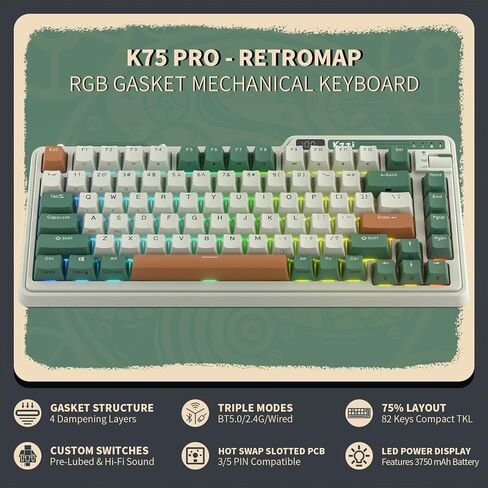 K75 PRO RGB 75% Wireless Gasket Mechanical Keyboard, Triple Mode BT 5.0/2.4G/USB-C 82 Keys Hot Swappable Gaming Keyboard w/Knob & Power Display, Custom Linear Switches, Black White in Kuwait