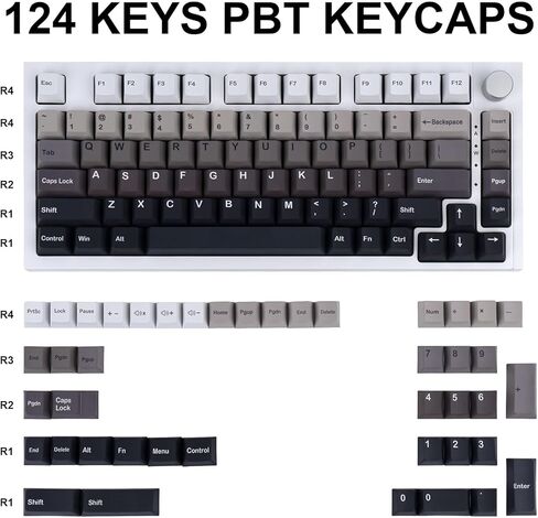 اغطية مفاتيح مخصصة من جيكوكاب 124 مفتاحا بلون اسود وابيض متدرج، اغطية مفاتيح شيري بروفايل بي بي تي، مجموعة اغطية مفاتيح مصبوغة بالتسامي تناسب مفاتيح شيري ام اكس الميكانيكية 61/68/87/104/108 in Kuwait