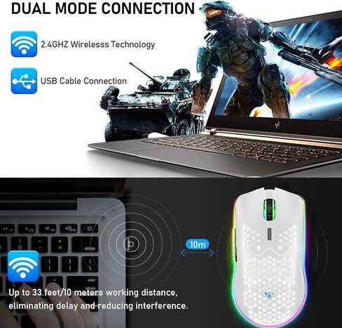 XINMENG ماوس ألعاب لاسلكي خفيف الوزن، تصميم على شكل قرص العسل، 3200 نقطة في البوصة، ماوس ألعاب قابل لإعادة الشحن مع 16 إضاءة خلفية قوس قزح، مستقبل USB، متوافق مع لاعبي الكمبيوتر ومستخدمي Xbox وPS4 in Kuwait