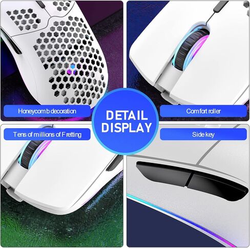 XINMENG ماوس ألعاب لاسلكي خفيف الوزن، تصميم على شكل قرص العسل، 3200 نقطة في البوصة، ماوس ألعاب قابل لإعادة الشحن مع 16 إضاءة خلفية قوس قزح، مستقبل USB، متوافق مع لاعبي الكمبيوتر ومستخدمي Xbox وPS4 in Kuwait