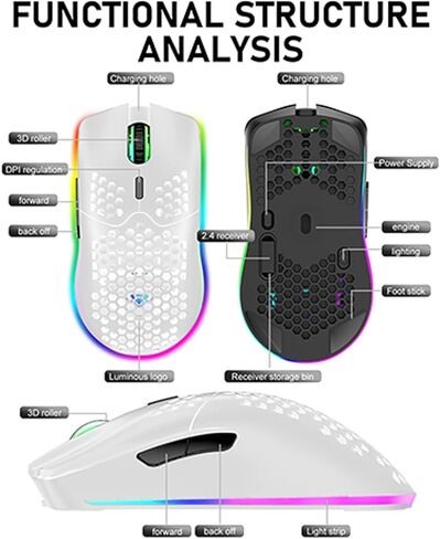 XINMENG ماوس ألعاب لاسلكي خفيف الوزن، تصميم على شكل قرص العسل، 3200 نقطة في البوصة، ماوس ألعاب قابل لإعادة الشحن مع 16 إضاءة خلفية قوس قزح، مستقبل USB، متوافق مع لاعبي الكمبيوتر ومستخدمي Xbox وPS4 in Kuwait