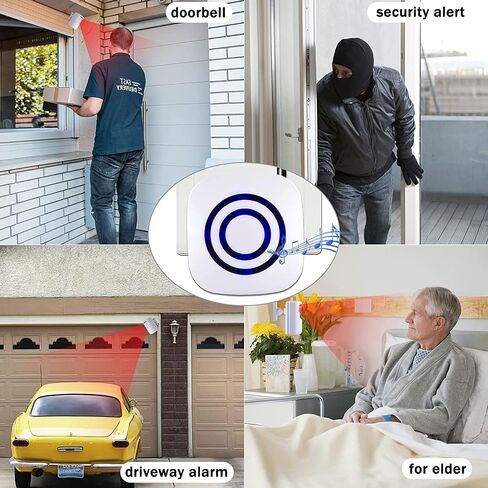 Motion Sensor Alarm, Indoor Home Security System Electric Doorbells | 4 Motion Detector and 2 Alarm, 300 Foot Wireless Range, 38 Chime Tunes, Mute Mode, LED Indicator, Reset Different Ringtones in Kuwait
