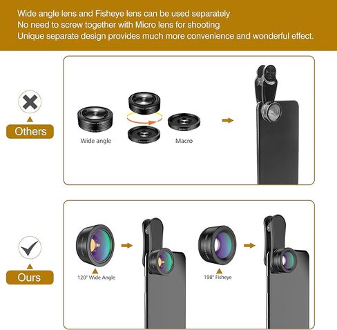 عدسات كاميرا الهاتف، مجموعة عدسات هاتف 3 في 1 مطورة - عدسة Fisheye 198° + عدسة ماكرو + عدسات زاوية واسعة 120 درجة، مجموعة عدسات هاتف خلوي بمشبك متوافق مع iPhone، iPad، ومعظم هواتف Android والهواتف الذكية in Kuwait