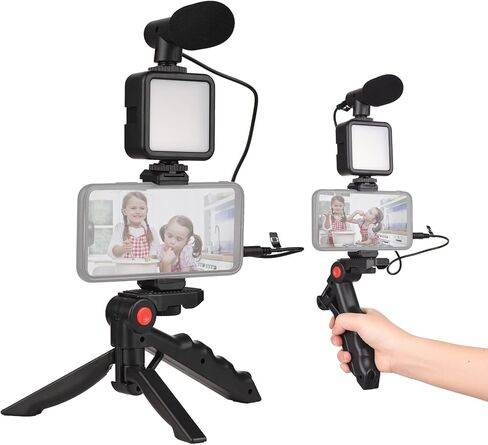 Andoer Smartphone Vlog Kit Mini LED Video Light + Cardioid Microphone + Extendable Phone Clip + Tripod with Adjustable Brightness for Live Stream Vlog Video Shooting Video Conference Selfie in Saudi Arabia
