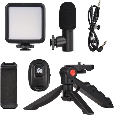 Andoer Smartphone Vlog Kit Mini LED Video Light + Cardioid Microphone + Extendable Phone Clip + Tripod with Adjustable Brightness for Live Stream Vlog Video Shooting Video Conference Selfie in Saudi Arabia