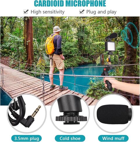 Andoer Smartphone Vlog Kit Mini LED Video Light + Cardioid Microphone + Extendable Phone Clip + Tripod with Adjustable Brightness for Live Stream Vlog Video Shooting Video Conference Selfie in Saudi Arabia