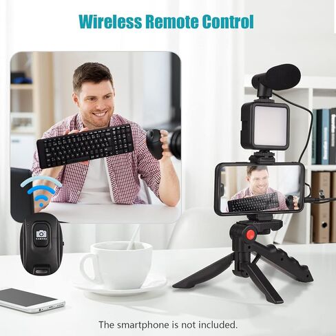 Andoer Smartphone Vlog Kit Mini LED Video Light + Cardioid Microphone + Extendable Phone Clip + Tripod with Adjustable Brightness for Live Stream Vlog Video Shooting Video Conference Selfie in Saudi Arabia