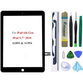 استبدال شاشة تعمل باللمس لجهاز iPad 6 الجيل السادس 2018 9.7 بوصة، A1893 A1954 مجموعة زجاجية رقمية بدون زر الصفحة الرئيسية + لاصق مثبت مسبقًا + مجموعة أدوات احترافية (أسود)