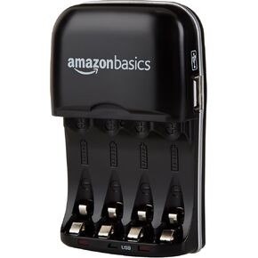 Amazon Basics Rechargeable Battery Charger for AA & AAA Ni-MH Batteries with USB Port, Portable, Travel-Friendly, Over-Charge Protection, Black in Kuwait