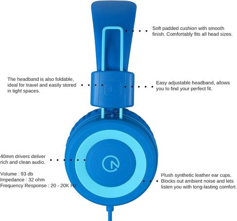 noot products K11 Kids Headphones with Wired Cord 3.5mm Jack Navy/Teal | 5ft Long Cord, Tangle Free, Foldable, Plug in On-Ear Headset for School, Classroom, Boys, Girls, Toddler Laptop Travel Tablet in Saudi Arabia
