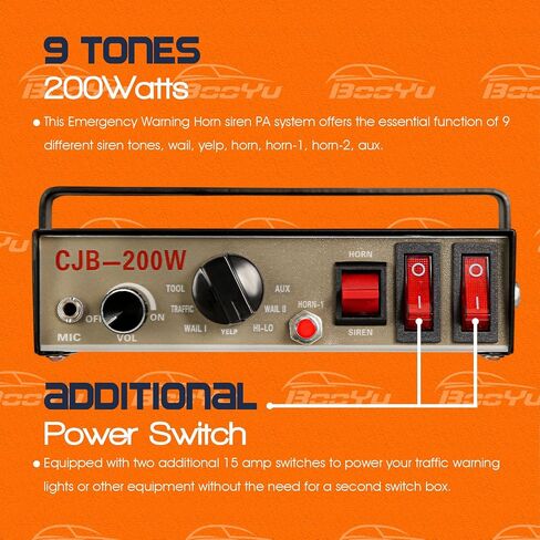 BooYu 12V 200W 9 Tones Police Warning Emergency Siren PA System [Rectangle Speaker][125-135dB][Handheld Microphone][Hands-Free][2 x 10A Switches] for Firefighter Ambulance Vehicles Truck SUV ATV UTV in Saudi Arabia