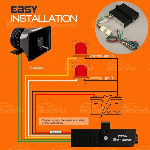 BooYu 12V 200W 9 Tones Police Warning Emergency Siren PA System [Rectangle Speaker][125-135dB][Handheld Microphone][Hands-Free][2 x 10A Switches] for Firefighter Ambulance Vehicles Truck SUV ATV UTV in Saudi Arabia