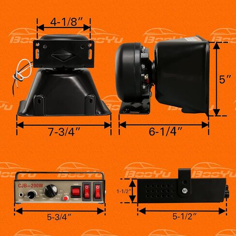 BooYu 12V 200W 9 Tones Police Warning Emergency Siren PA System [Rectangle Speaker][125-135dB][Handheld Microphone][Hands-Free][2 x 10A Switches] for Firefighter Ambulance Vehicles Truck SUV ATV UTV in Saudi Arabia