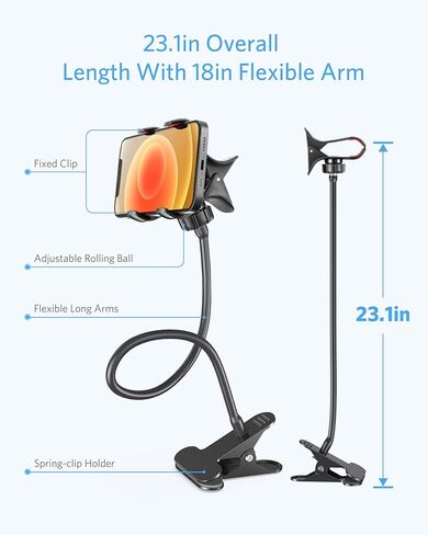 BESTEK BTIH600BK Gooseneck Phone Holder, Lazy Bracket 360° Swivel for iPhone and Other Smart Phones for Bedroom, Office, Bathroom, Kitchen, Black in Saudi Arabia