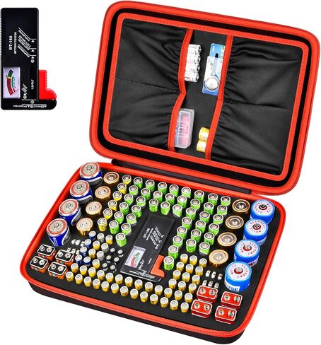 Comecase Battery Storage Case with Tester, Holds 148+ AA AAA C D 9V, Black | Hard-Shell Design, Carry Handle and Custom Foam Slots Keep Batteries Visible, Separated and Ready for Home, Garage or Office in Kuwait