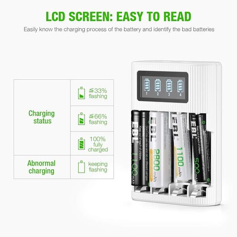 بطارية EBL AA AAA قابلة للشحن 8 قطع مع شاحن بطارية - شاحن ذكي LCD مع بطارية قابلة للشحن 1.2 فولت AA (4 قطع) وبطاريات AAA (4 قطع) in Kuwait