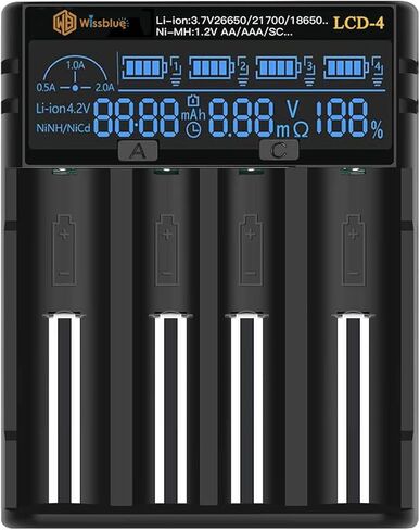 شاحن بطارية WISSBLUE 18650، يمكن لشاشة LCD عرض السعة، شاحن سريع 2 أمبير 18650، مناسب لبطارية ليثيوم 3.7 فولت وبطارية Ni-Mh/Ni-Cd AA AAA بقدرة 1.2 فولت in Kuwait