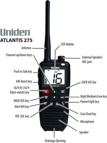 Uniden Atlantis 275 Handheld Two-Way VHF Marine Radio, Floating IPX8 Submersible Waterproof, Large Dual-Color Screen, 6-Watt, All USA/International/Canadian Marine Channels, NOAA Weather Alerts in Saudi Arabia