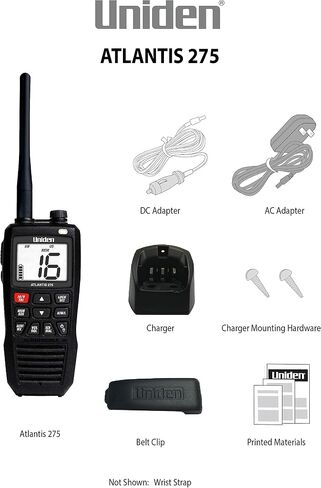 Uniden Atlantis 275 Handheld Two-Way VHF Marine Radio, Floating IPX8 Submersible Waterproof, Large Dual-Color Screen, 6-Watt, All USA/International/Canadian Marine Channels, NOAA Weather Alerts in Saudi Arabia