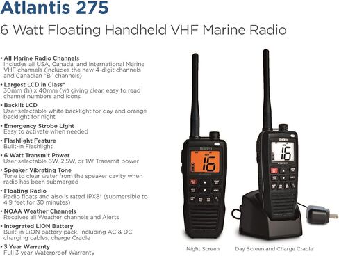 Uniden Atlantis 275 Handheld Two-Way VHF Marine Radio, Floating IPX8 Submersible Waterproof, Large Dual-Color Screen, 6-Watt, All USA/International/Canadian Marine Channels, NOAA Weather Alerts in Saudi Arabia