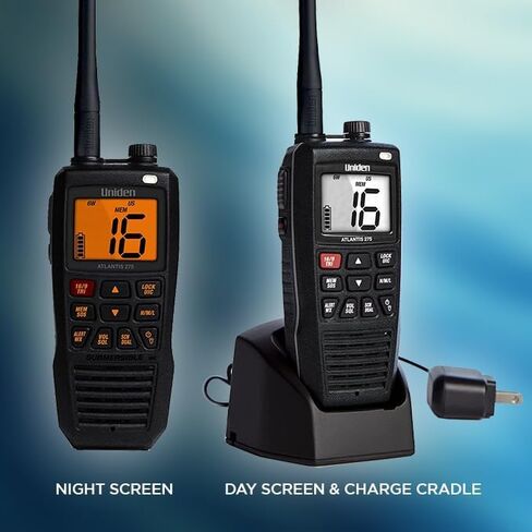 Uniden Atlantis 275 Handheld Two-Way VHF Marine Radio, Floating IPX8 Submersible Waterproof, Large Dual-Color Screen, 6-Watt, All USA/International/Canadian Marine Channels, NOAA Weather Alerts in Saudi Arabia