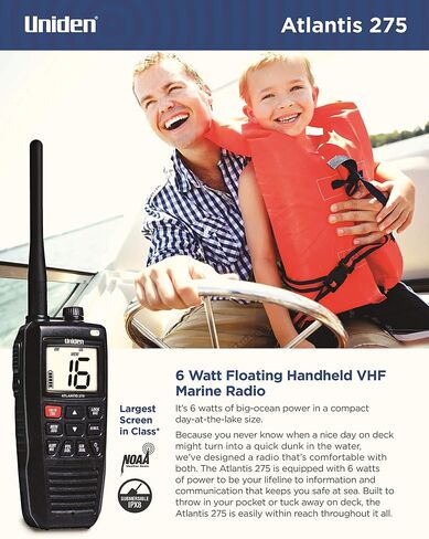 Uniden Atlantis 275 Handheld Two-Way VHF Marine Radio, Floating IPX8 Submersible Waterproof, Large Dual-Color Screen, 6-Watt, All USA/International/Canadian Marine Channels, NOAA Weather Alerts in Saudi Arabia