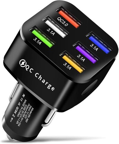 محول شاحن سيارة Amiss، 6 منافذ USB متعددة، شاحن سريع، يتضمن QC 3.0 و5 منافذ أخرى، ملحقات داخلية للسيارة، مناسب لهاتف iPhone 13/12/11/pro، Samsung Galaxy/Note S10/S9/S8، Android - أبيض in Kuwait