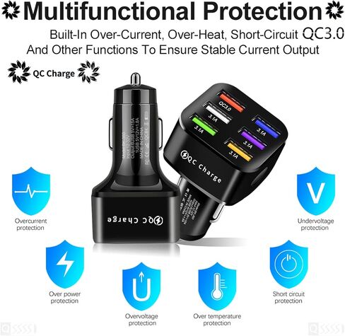 محول شاحن سيارة Amiss، 6 منافذ USB متعددة، شاحن سريع، يتضمن QC 3.0 و5 منافذ أخرى، ملحقات داخلية للسيارة، مناسب لهاتف iPhone 13/12/11/pro، Samsung Galaxy/Note S10/S9/S8، Android - أبيض in Kuwait