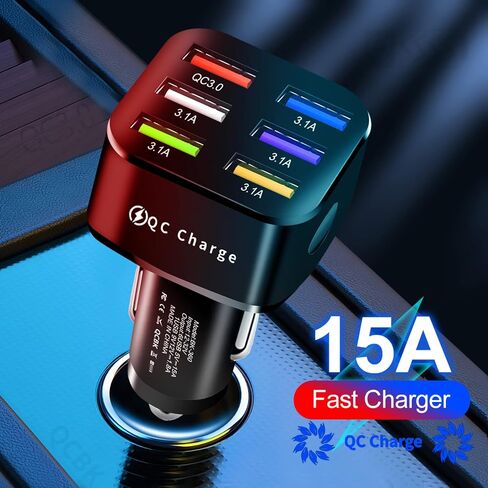 محول شاحن سيارة Amiss، 6 منافذ USB متعددة، شاحن سريع، يتضمن QC 3.0 و5 منافذ أخرى، ملحقات داخلية للسيارة، مناسب لهاتف iPhone 13/12/11/pro، Samsung Galaxy/Note S10/S9/S8، Android - أبيض in Kuwait