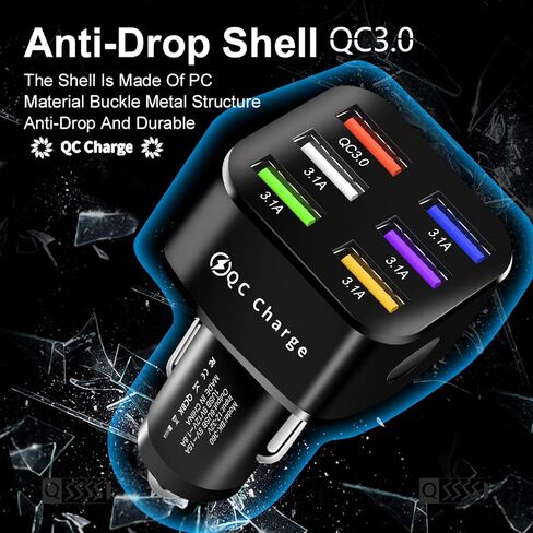 محول شاحن سيارة Amiss، 6 منافذ USB متعددة، شاحن سريع، يتضمن QC 3.0 و5 منافذ أخرى، ملحقات داخلية للسيارة، مناسب لهاتف iPhone 13/12/11/pro، Samsung Galaxy/Note S10/S9/S8، Android - أبيض in Kuwait
