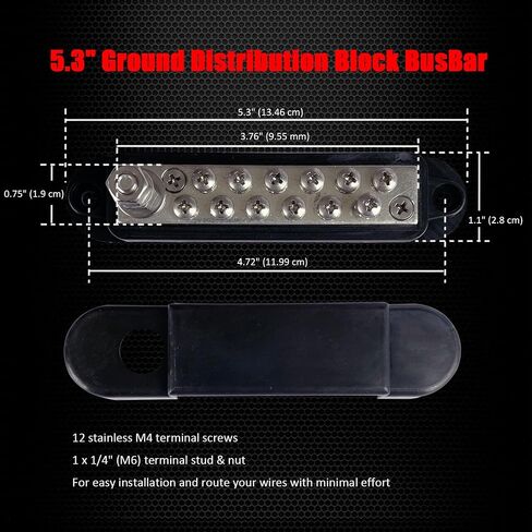 1/4" Stud Power Distribution Block Bus Bar with 12 x #8 Screws, Ampper 5.3" 12V 150A Marine BusBar Battery Distribution Block W/Cover for Car Audio Boat Solar (Black) in Kuwait