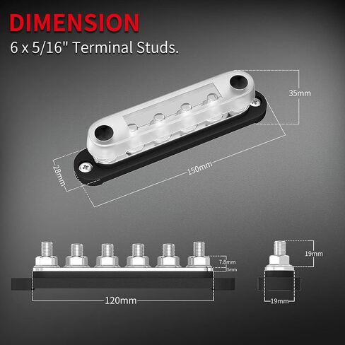 DaierTek 12V Bus Bar 6 x 5/16" (M8) Terminal Studs 12 Volt Power Distribution Block with Cover Battery Bus Bar 12V - 48V Positive & Negative for Automotive Car Boat Solar System in Saudi Arabia