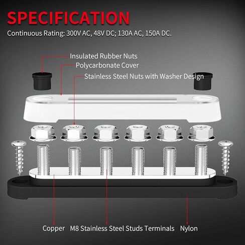 DaierTek 12V Bus Bar 6 x 5/16" (M8) Terminal Studs 12 Volt Power Distribution Block with Cover Battery Bus Bar 12V - 48V Positive & Negative for Automotive Car Boat Solar System in Saudi Arabia