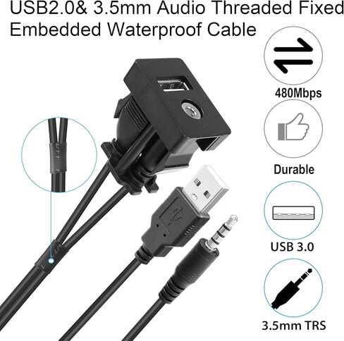 YACSEJAO Flush Mount Cable USB 2.0+3.5 mm AUX Extension Dash Panel Mount Cable for Car, Boat and Motorcycle, 1M/3.3Ft in Kuwait