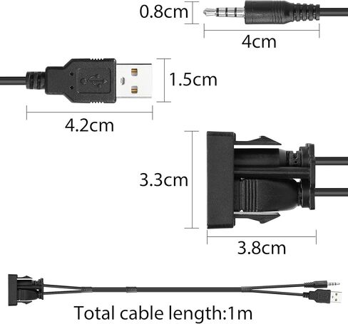 YACSEJAO Flush Mount Cable USB 2.0+3.5 mm AUX Extension Dash Panel Mount Cable for Car, Boat and Motorcycle, 1M/3.3Ft in Kuwait
