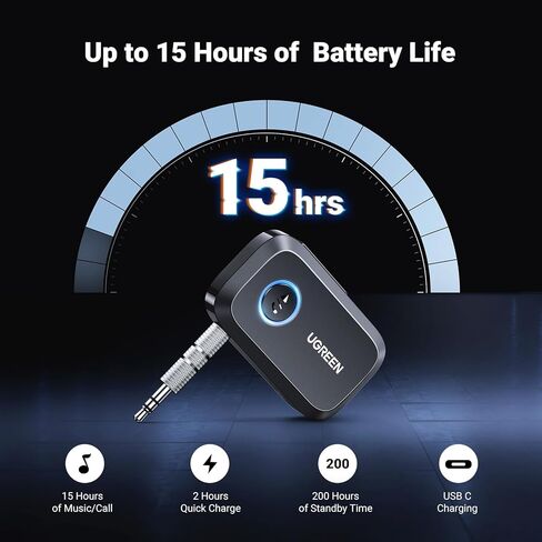 UGREEN 5.3 Aux Bluetooth Adapter for Car, [Greater Connection] 3.5mm Bluetooth Adapter Wireless Audio Receiver for Car Stereo/Home Stereo/Wired Headphones/Speaker, 15H Battery Life in Kuwait
